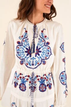 Farm Rio Off-White Navy Embroidered Midi Dress 10 Farm Rio Off-White Navy Embroidered Midi Dress -Farm Rio Store 298412 03
