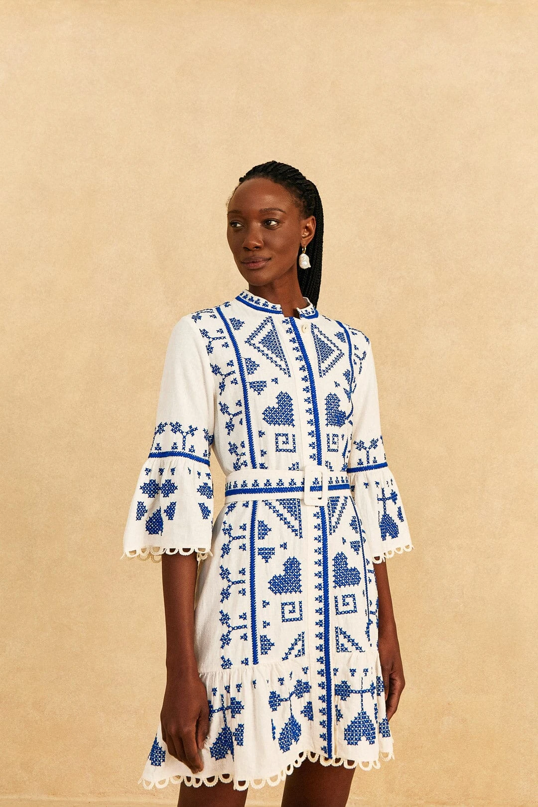 Farm Rio Blue And White Cross Stitch Mini Dress 4 Farm Rio Blue And White Cross Stitch Mini Dress - Image 2