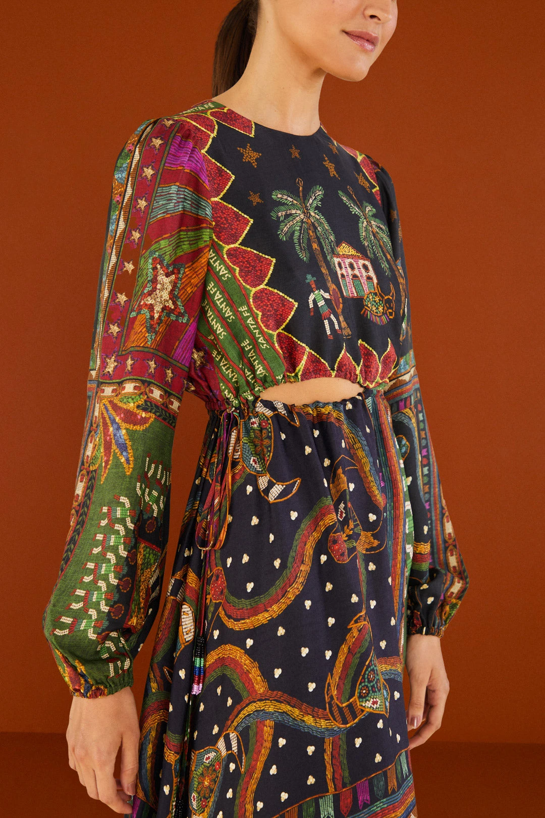 Farm Rio Shiny Mixed Scarves Cut Out Midi Dress 7 Farm Rio Shiny Mixed Scarves Cut Out Midi Dress - Image 5