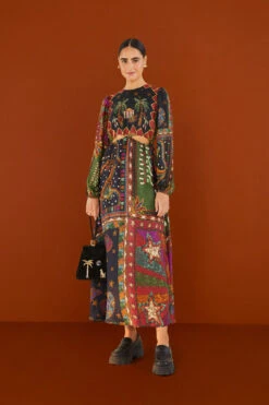 Farm Rio Shiny Mixed Scarves Cut Out Midi Dress 12 Farm Rio Shiny Mixed Scarves Cut Out Midi Dress -Farm Rio Store 303802 04 1