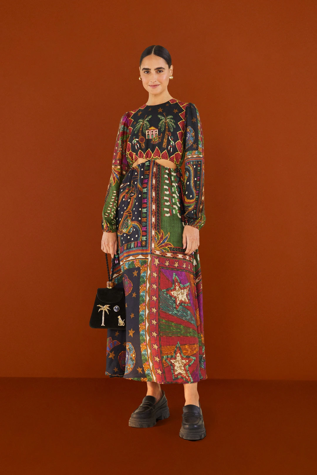 Farm Rio Shiny Mixed Scarves Cut Out Midi Dress 6 Farm Rio Shiny Mixed Scarves Cut Out Midi Dress - Image 4