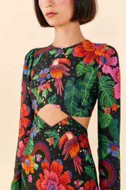 Farm Rio Black Blooming Garden Lenzing™ Ecovero™ Viscose Midi Dress -Farm Rio Store 306067 03 1