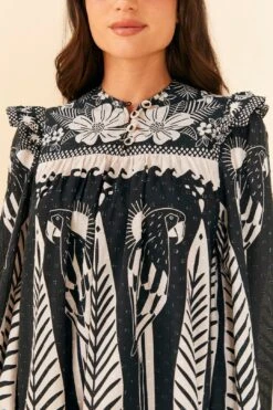 Farm Rio Black Macaw Elegance Long Sleeve Mini Dress -Farm Rio Store 306159 03