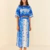 Farm Rio Blue Flower Stripes Midi Skirt