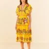 Farm Rio Yellow Embroidered Richelieu Midi Dress -Farm Rio Store 306329 01