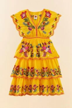 Farm Rio Yellow Embroidered Richelieu Midi Dress -Farm Rio Store 306329 05