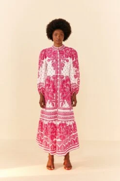 Farm Rio Pink Tropical Woodcut Lenzing™ Ecovero™ Viscose Midi Dress -Farm Rio Store 306388 04