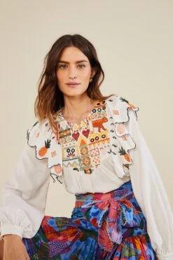 Farm Rio White Embroidered Fall Leaf Blouse