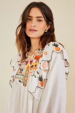 Farm Rio White Embroidered Fall Leaf Blouse -Farm Rio Store 309103 03