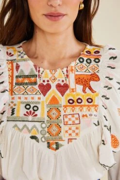 Farm Rio White Embroidered Fall Leaf Blouse -Farm Rio Store 309103 05