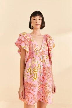 Farm Rio Pink Mixed Lobsters Organic Cotton Mini Dress