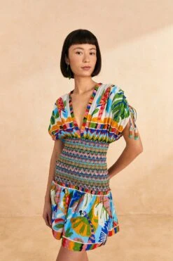 Farm Rio Colorful Forest V Neck Mini Dress