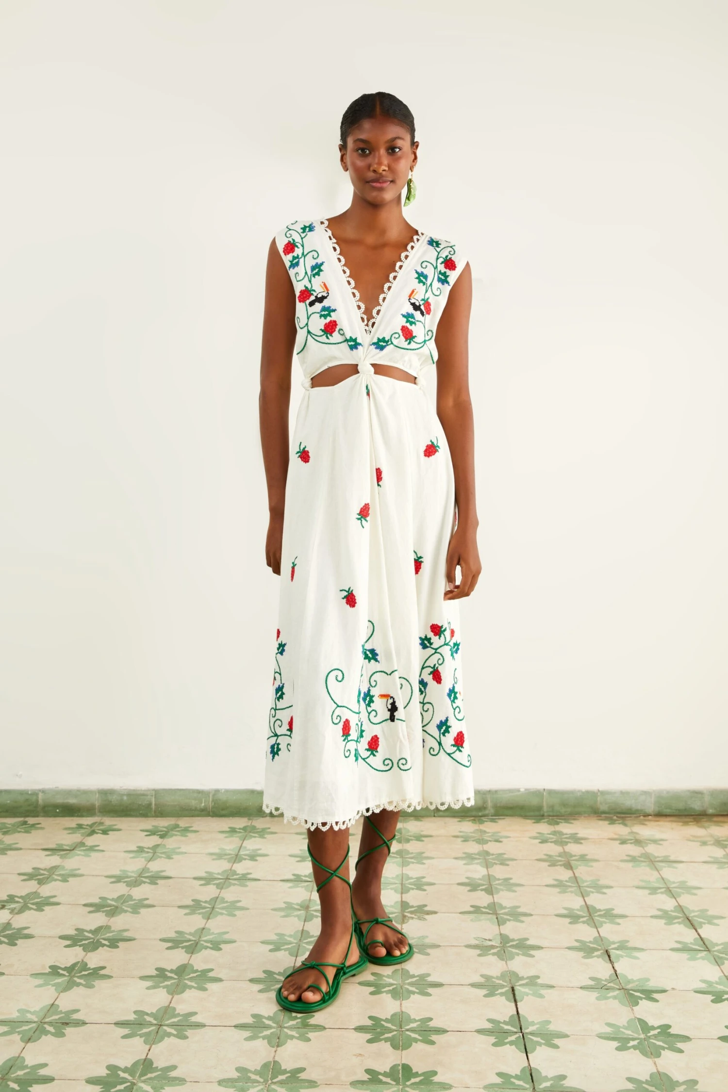 Farm Rio Cross Stitch Toucan Embroidered Midi Dress 3 Farm Rio Cross Stitch Toucan Embroidered Midi Dress