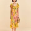 Farm Rio Yellow Macaw Bloom Puff-Sleeve Midi Dress -Farm Rio Store 309293 01