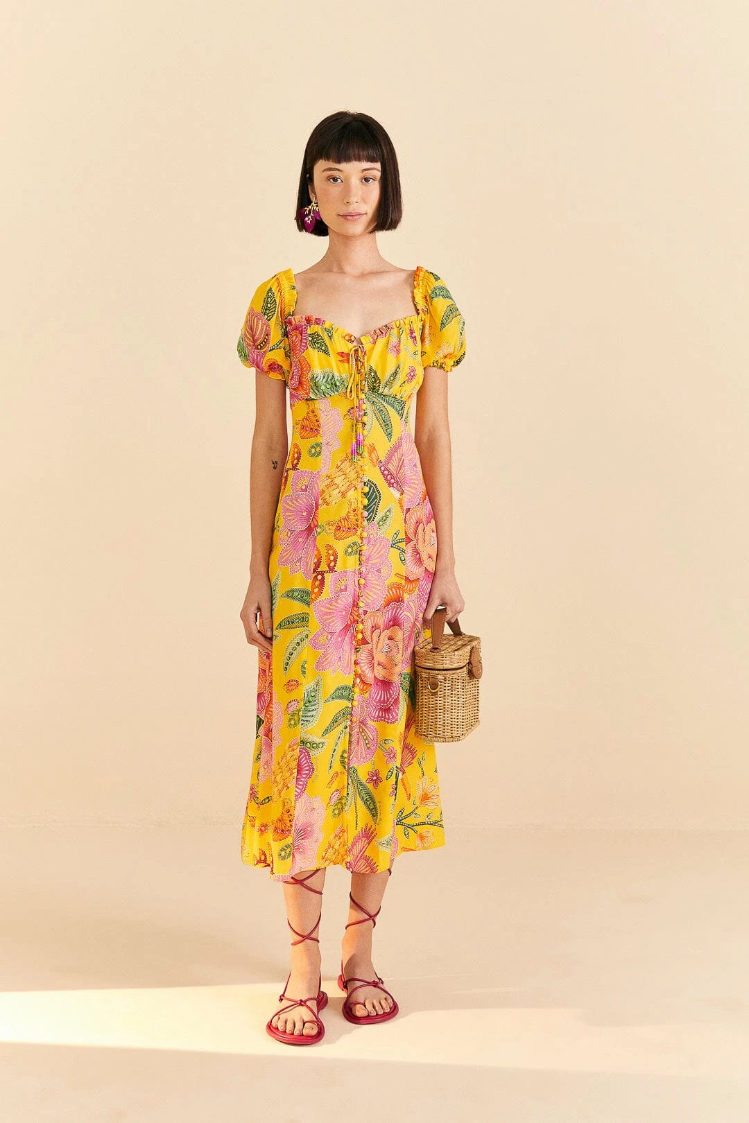 Farm Rio Yellow Macaw Bloom Puff-Sleeve Midi Dress 3 Farm Rio Yellow Macaw Bloom Puff-Sleeve Midi Dress