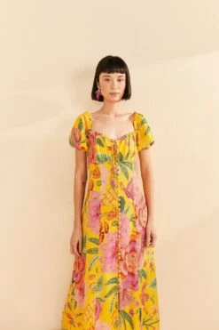 Farm Rio Yellow Macaw Bloom Puff-Sleeve Midi Dress 9 Farm Rio Yellow Macaw Bloom Puff-Sleeve Midi Dress -Farm Rio Store 309293 02