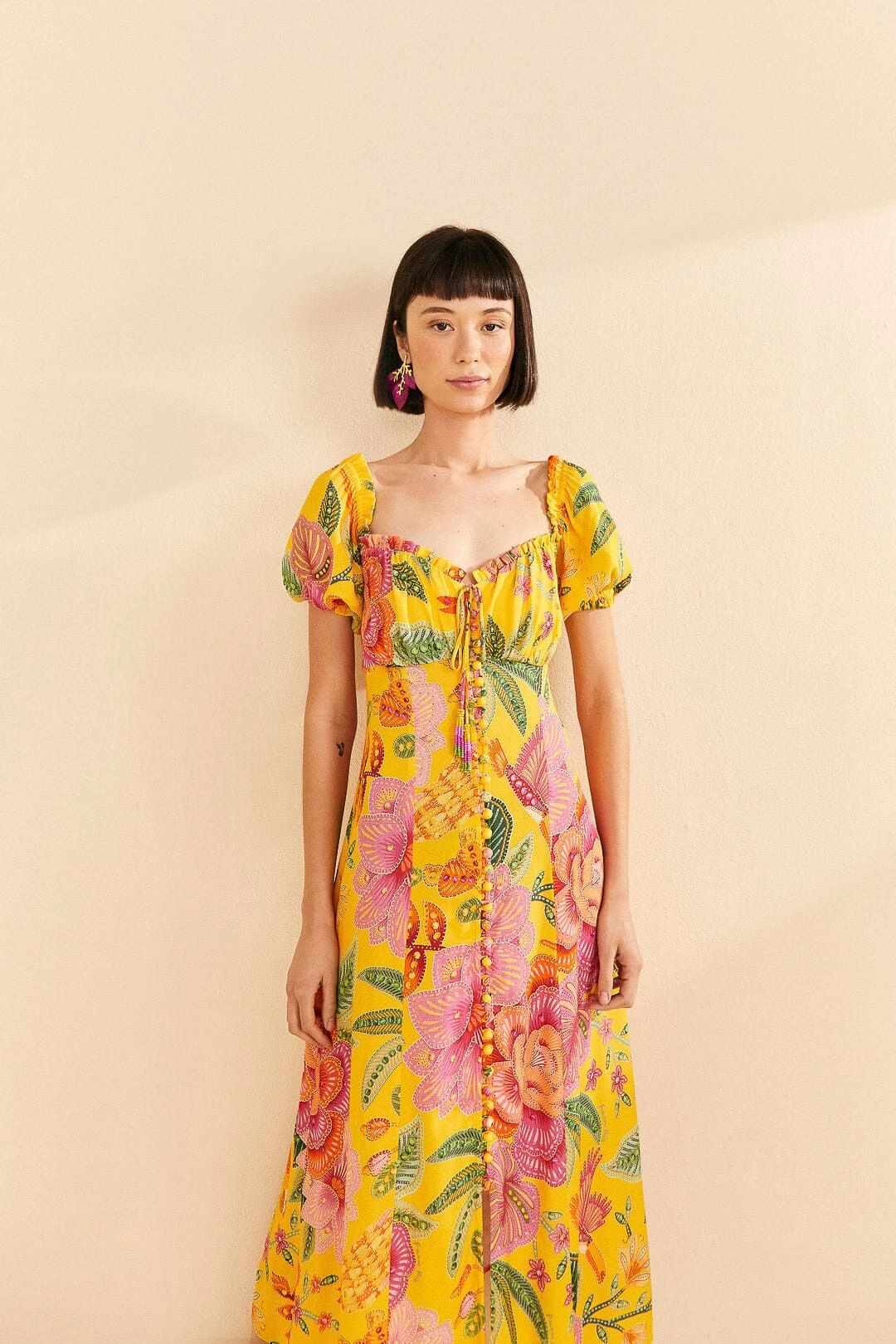 Farm Rio Yellow Macaw Bloom Puff-Sleeve Midi Dress 4 Farm Rio Yellow Macaw Bloom Puff-Sleeve Midi Dress - Image 2