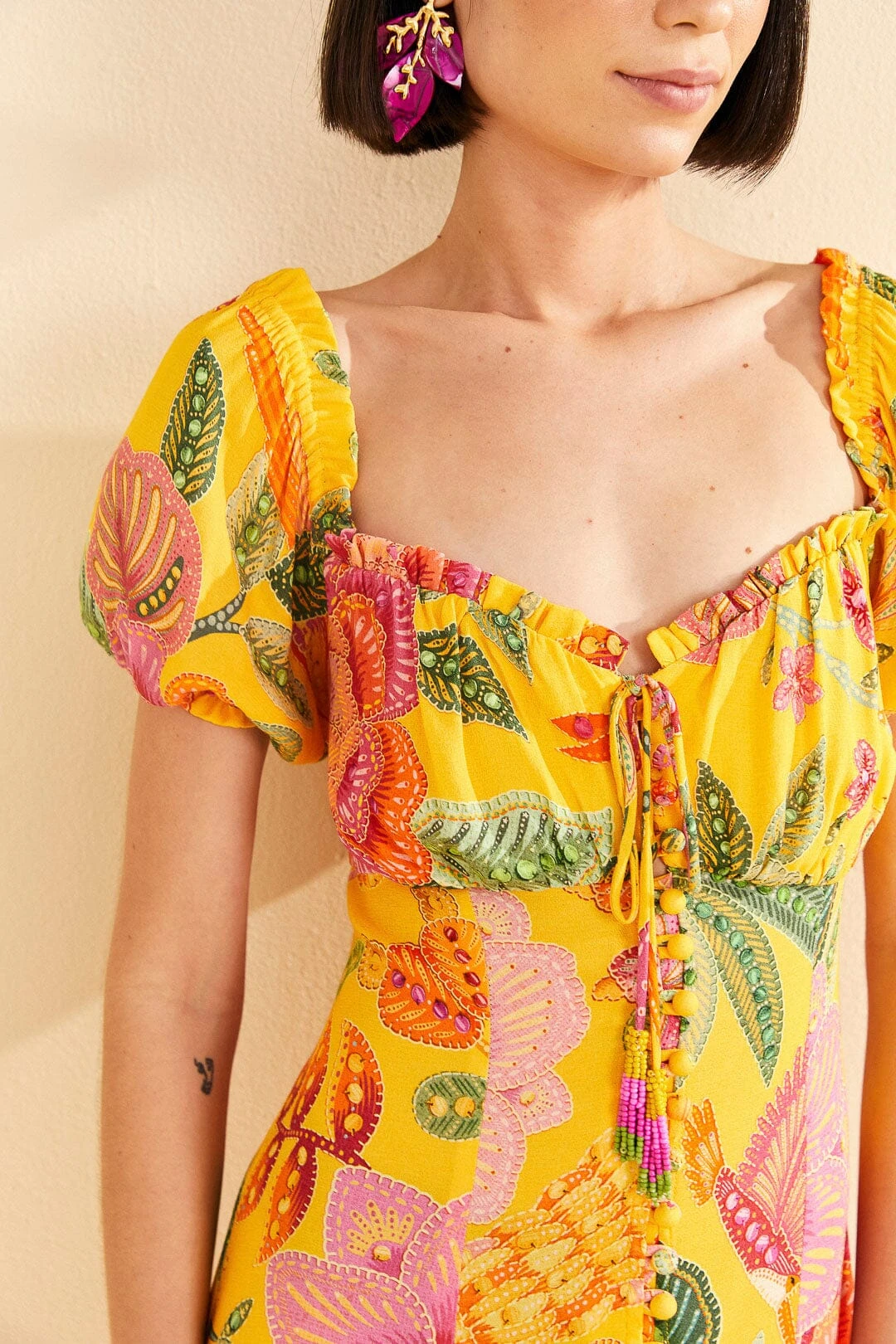 Farm Rio Yellow Macaw Bloom Puff-Sleeve Midi Dress 5 Farm Rio Yellow Macaw Bloom Puff-Sleeve Midi Dress - Image 3