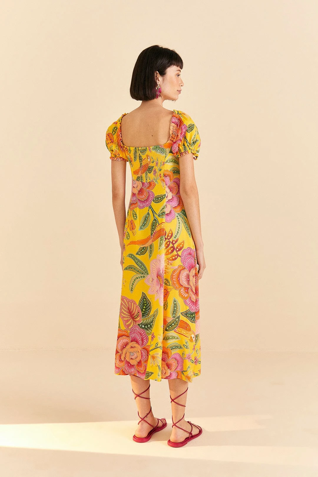 Farm Rio Yellow Macaw Bloom Puff-Sleeve Midi Dress 6 Farm Rio Yellow Macaw Bloom Puff-Sleeve Midi Dress - Image 4