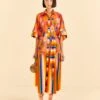 Farm Rio Coral Mixed Graphic Macaws Midi Dress