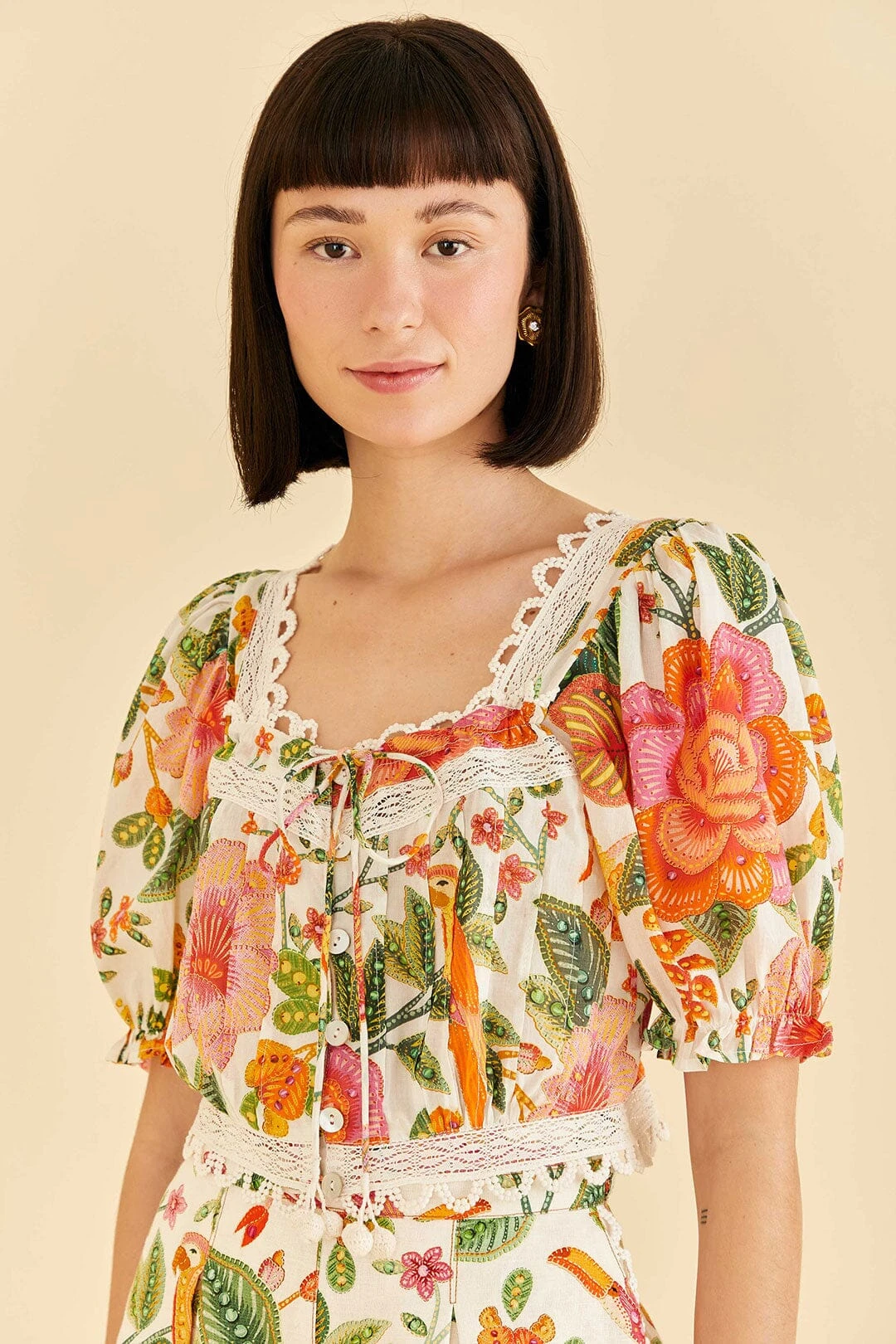 Farm Rio Off-White Macaw Bloom Blouse 3 Farm Rio Off-White Macaw Bloom Blouse