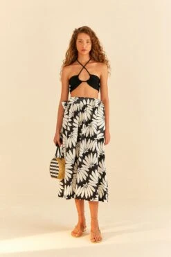 Farm Rio Black Copacabana Bow Midi Skirt