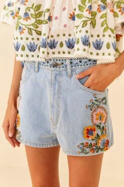 Farm Rio Summer Garden Embroidered Denim Shorts -Farm Rio Store 311873 03