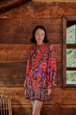 Farm Rio Brown Bright Flora Long Sleeve Mini Dress