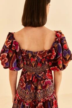 Farm Rio Brown Bright Flora Short Sleeve Midi Dress -Farm Rio Store 312040 05