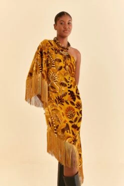 Farm Rio Golden Yellow Velvet One Shoulder Fringe Dress -Farm Rio Store 312168 02