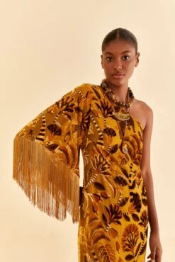 Farm Rio Golden Yellow Velvet One Shoulder Fringe Dress -Farm Rio Store 312168 03