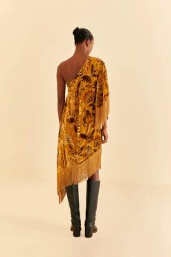 Farm Rio Golden Yellow Velvet One Shoulder Fringe Dress -Farm Rio Store 312168 04