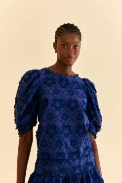 Farm Rio Navy Blue 3d Star Texture Blouse