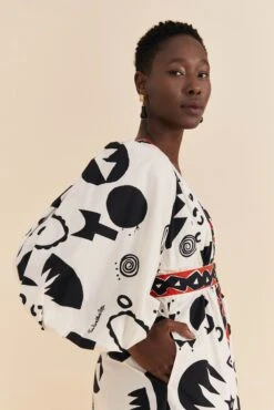 Farm Rio Off-White Pitta Soul Puff Sleeve Midi Dress -Farm Rio Store 314083 02