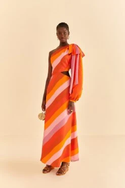 Farm Rio Party Stripes Multicolor One Shoulder Maxi Dress