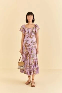 Farm Rio Lilac Floral Monkey Short Sleeve Maxi Dress